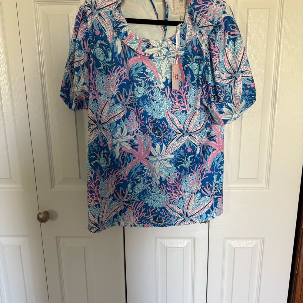 Simply Southern Blue and Pink Floral Short-Sleeve Blouse